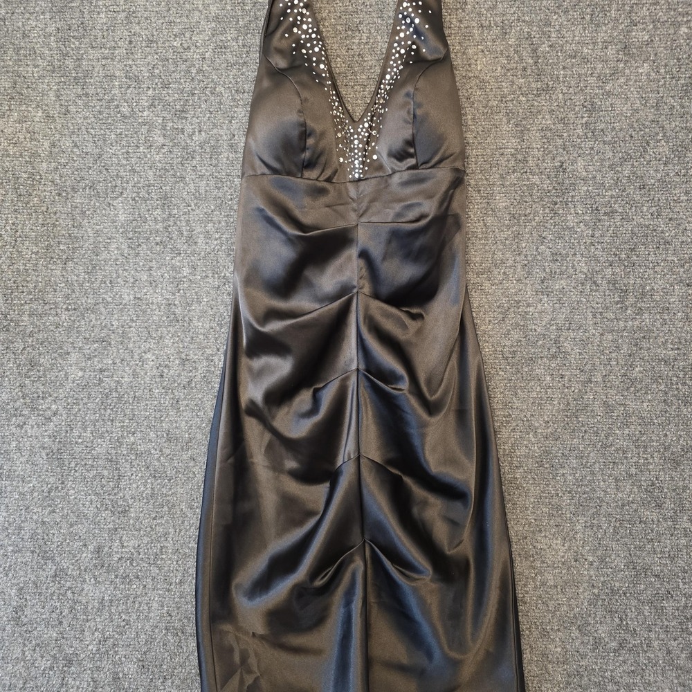 Blondie Nites Dress Juniors 5 Black Satin Halter Sheath Rhinestone Prom Mini